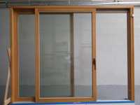 Okno drewniane HS, próg alumin.,  kolor lazur-pinia, 3-szyb. 3706x2395