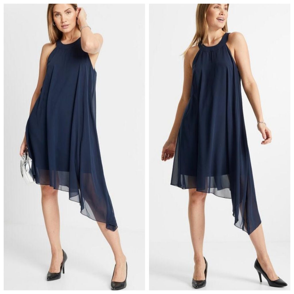 Sukienka granat elegancka 42 xl 40 l granatowa asymetryczna kobieca