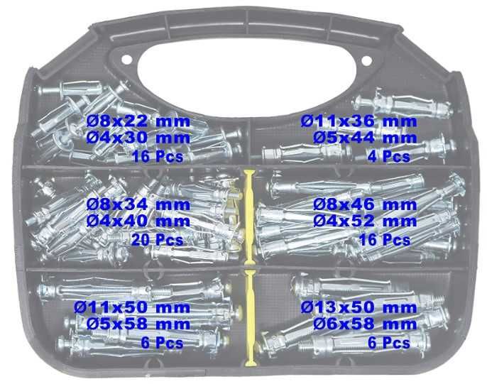 Zestaw 68 metalowych kołków rozprężnych rozporowych z wkrętami kołki
