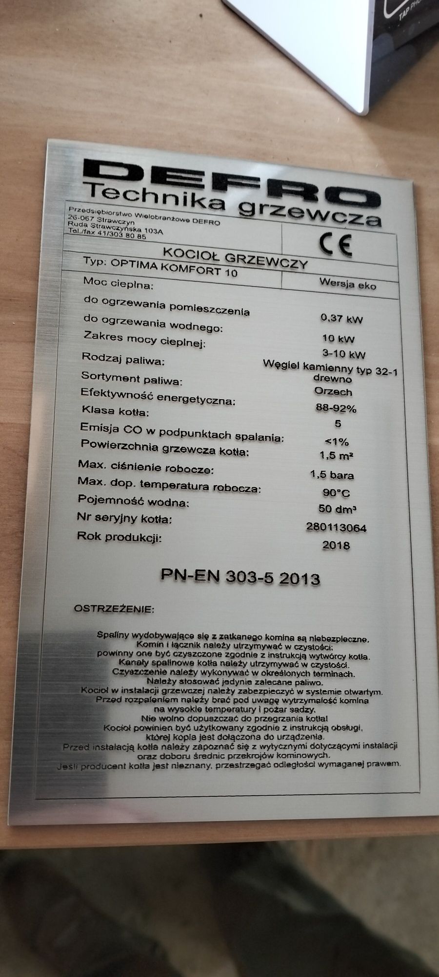 Tabliczka znamionowa pieca kotła wtórnik