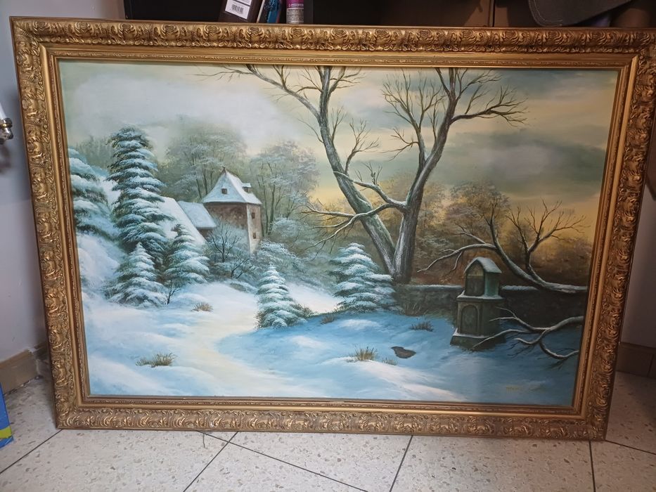 Obraz w ramie z zimowym pejzażem z 1973 roku