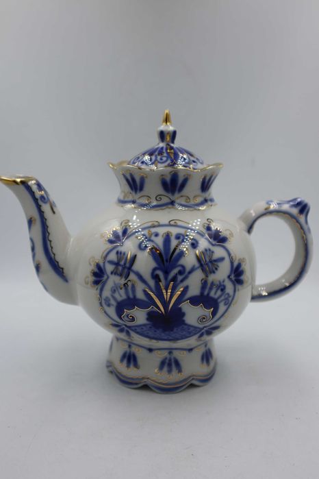 Dzbanek Łomonosow, porcelana rosyjska kobalt biel złoto L