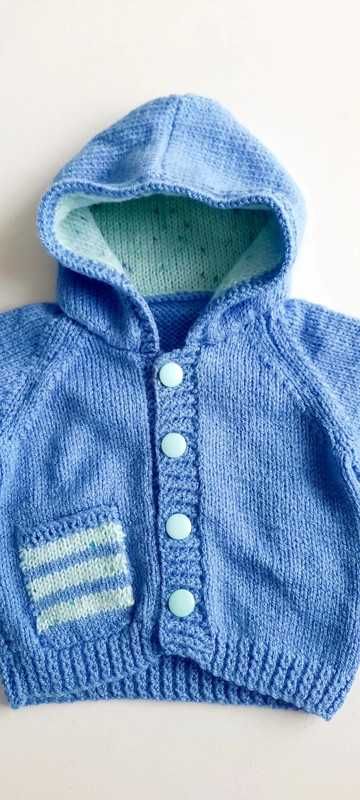NOWY HANDMADE Sweter zapinany na guziki z kapturem 6-9msc 68-74cm #555