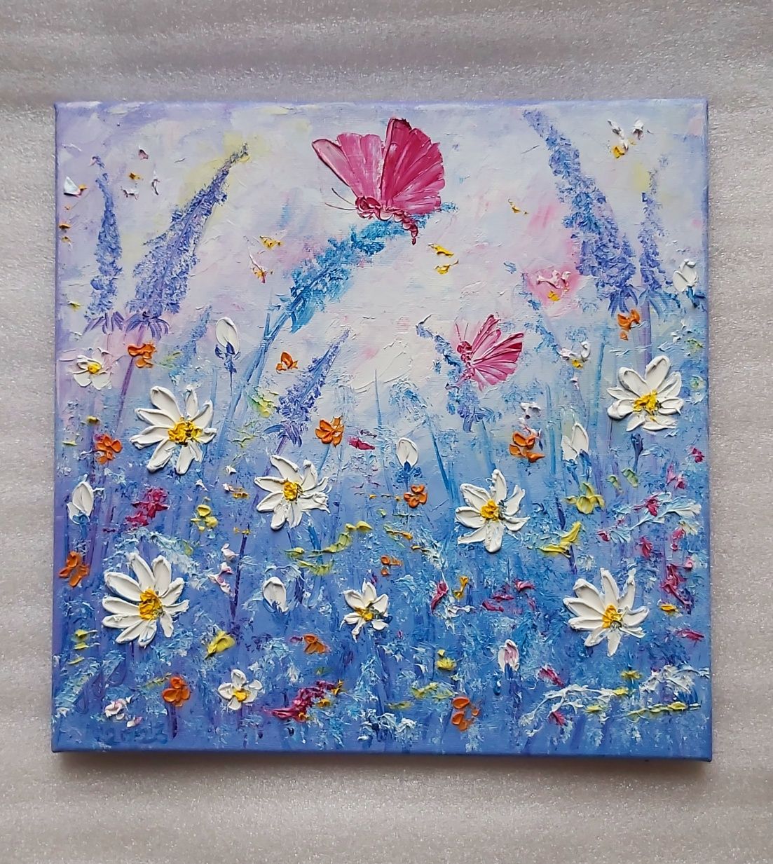 Niebieska Łąka Motyl 30x30cm obraz olejny abstrakcja na płótnie