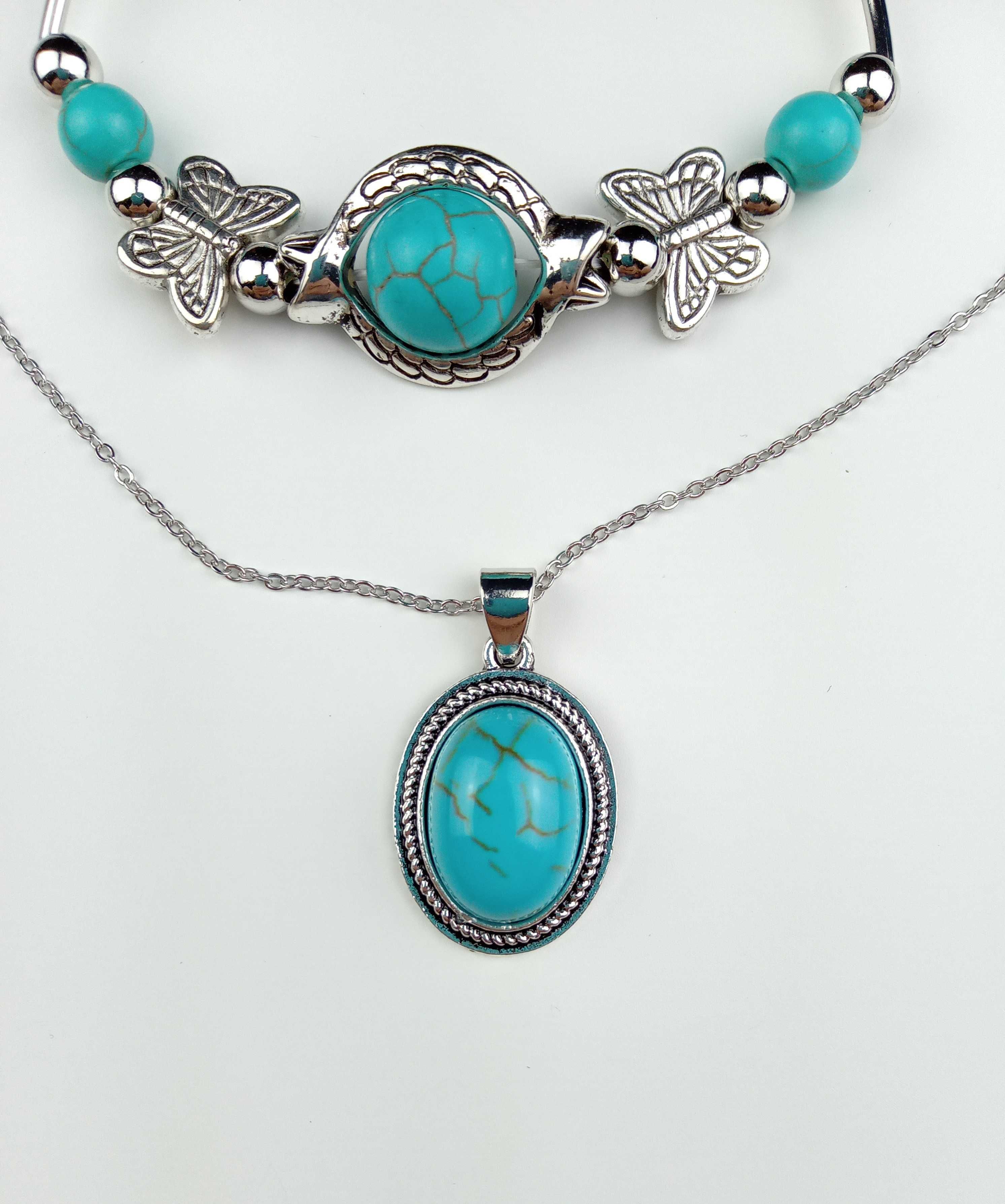 Nowy komplet biżuterii damskiej srebrny naszyjnik + bransoletka turkus