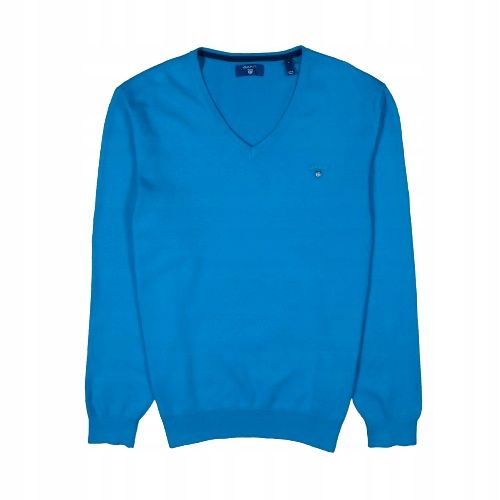 GANT Sweter Męski Cashmere V Neck Niebieski Logowany r. L