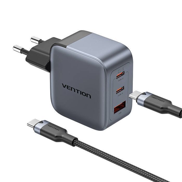 Ładowarka Gan Vention Usb-C+C+A 70W + Kabel Usb-C-C 1M (Szara)