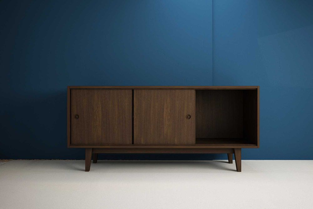 Komoda Vintage drewniana 160cm, przesuwne drzwi w stylu lat 60-tych