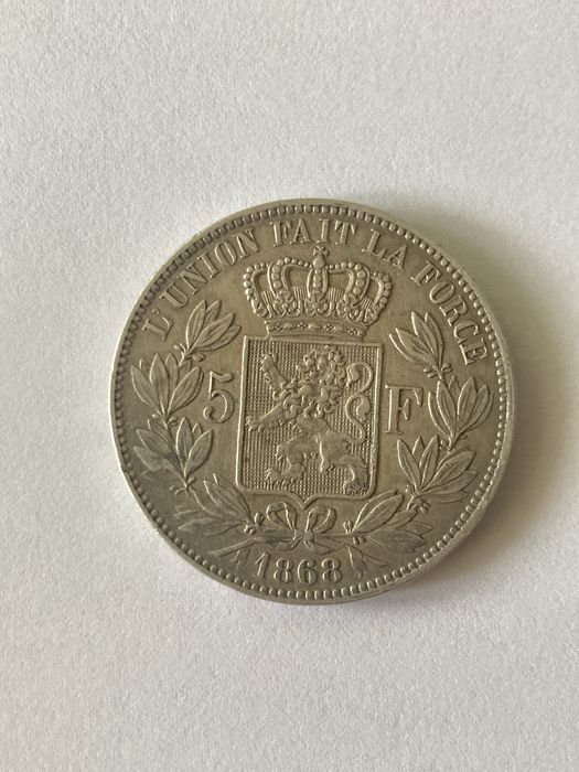 Srebrna moneta 5 franków Belgia 1868
