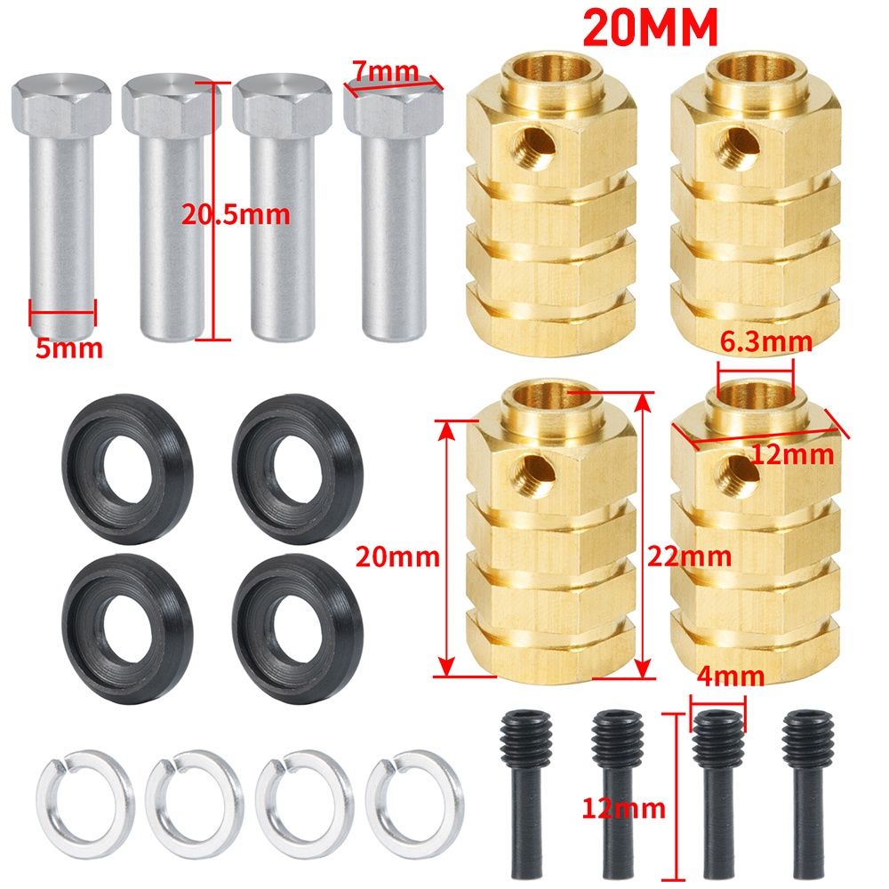 4 mosiężne hexy 12x20mm z nakrętkami tulejkowymi do modelu rc TRX SCX