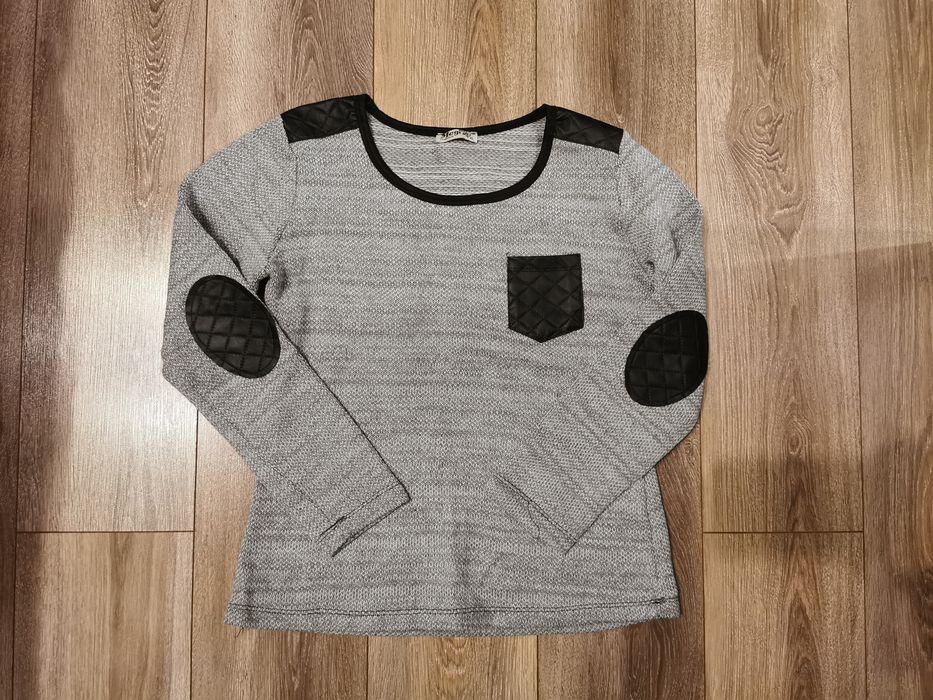 Szary, melanżowy sweter, sweterek z wstawkami z eko skóry L XL 40 42