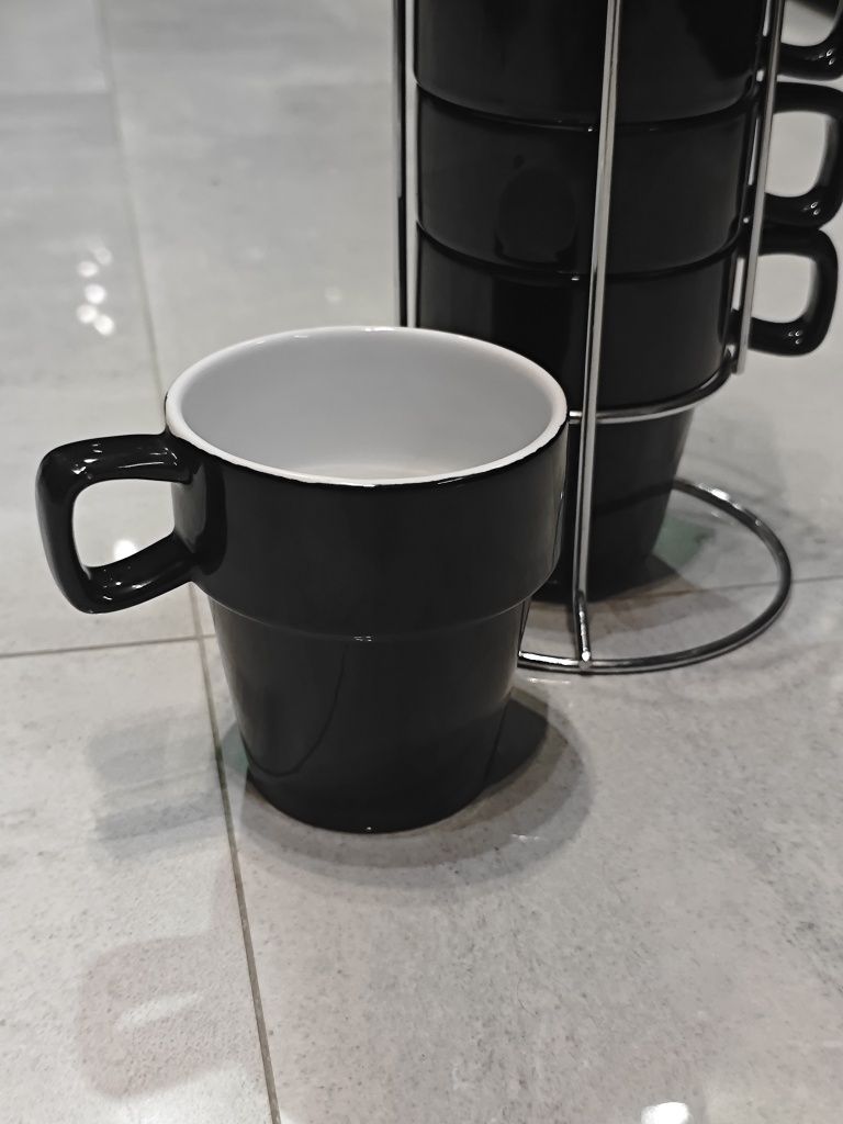 Zestaw kubków 6szt 250ml czarne ze stojakiem jak nowe