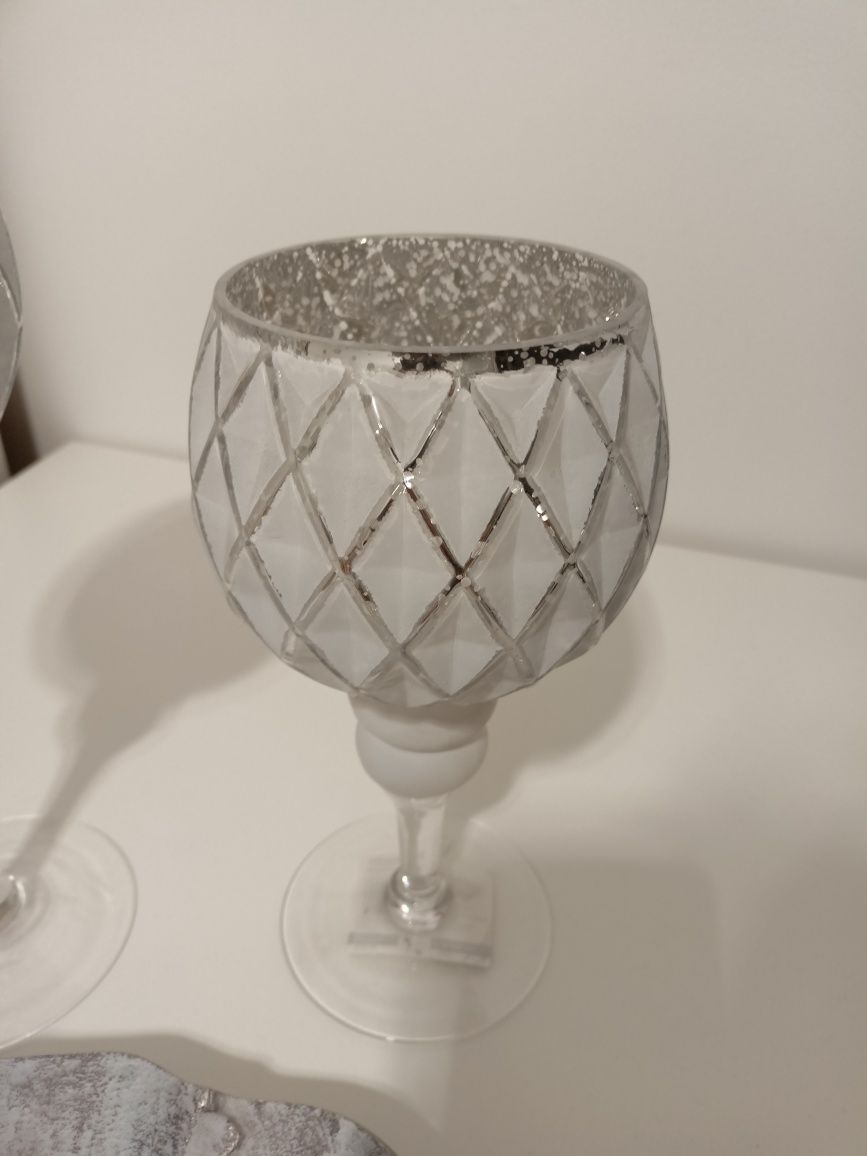 Liść ceramiczny srebrny, patera + kielich świecznik