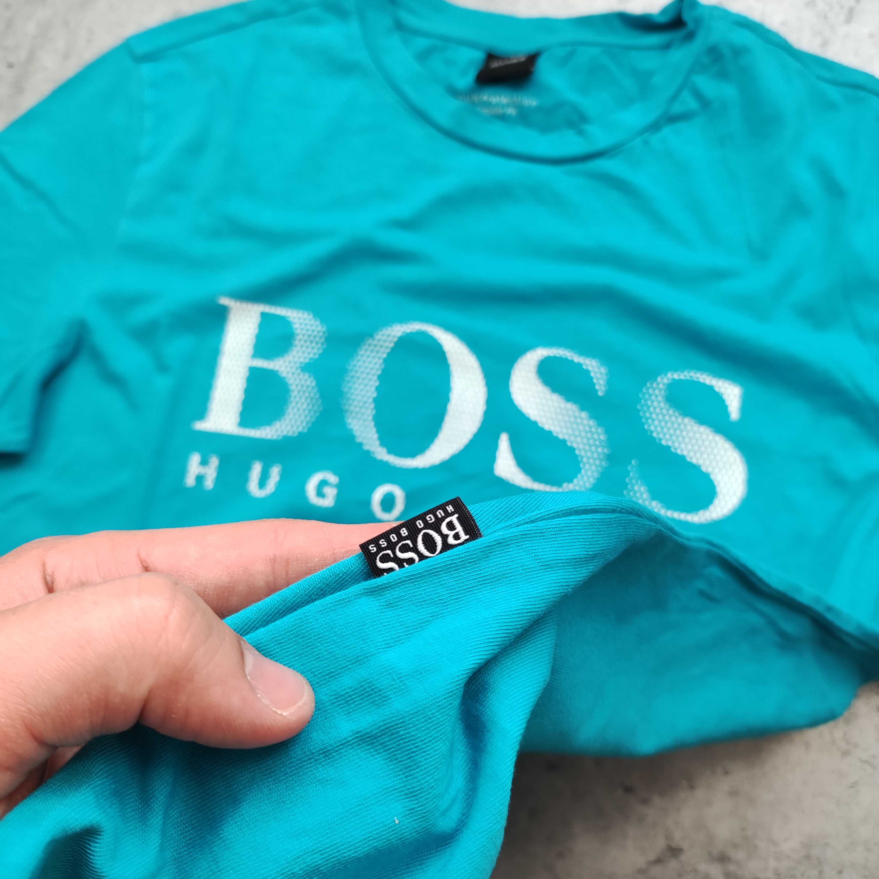 MĘSKA PREMIUM Koszulka Bawełna Morska Duże Logo Hugo Boss Nadruk Lato
