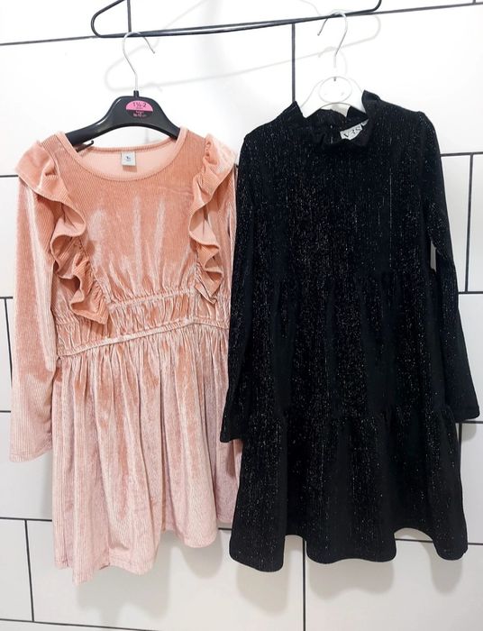 Zestaw 2x eleganckie świąteczne sukienki welurowe falbany 110-116 cm