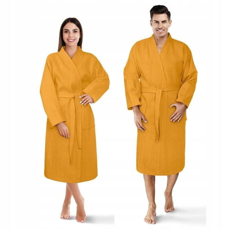 Szlafrok Kimono Gofer Bawełniany Unisex Xs Musztardowy