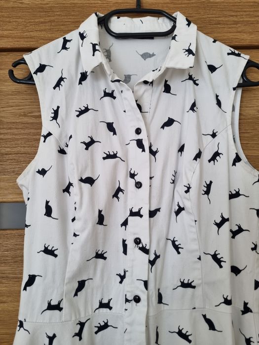 Sukienka szmizjerka bawełnianą biała koty mohito print kołnierzyk lato