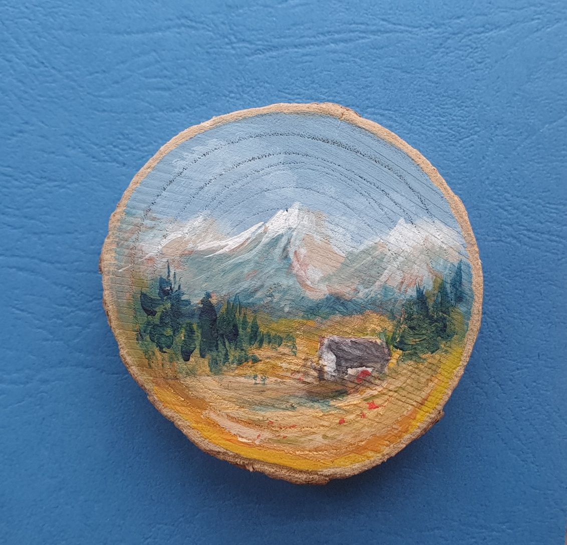 Obraz-magnes na lodówkę ręcznie malowany na drewnie Góry + pudełko
