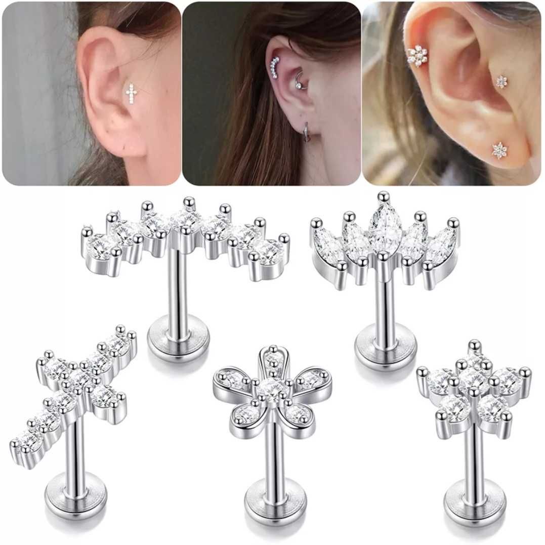 Labret srebrny kwiat HELIX LOBE CONCH TRAGUS 1,2/6 stal chirurgiczna