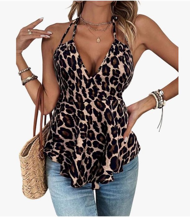 Damski letni top wzór panterka, z dekoltem w serek, rozm. XS, SOLY HUX