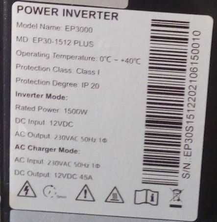 Інвертор, ДБЖ MUST EP30-1512 PLUS, 1.5 кіловата, Вхід 12В, Вихід 230В