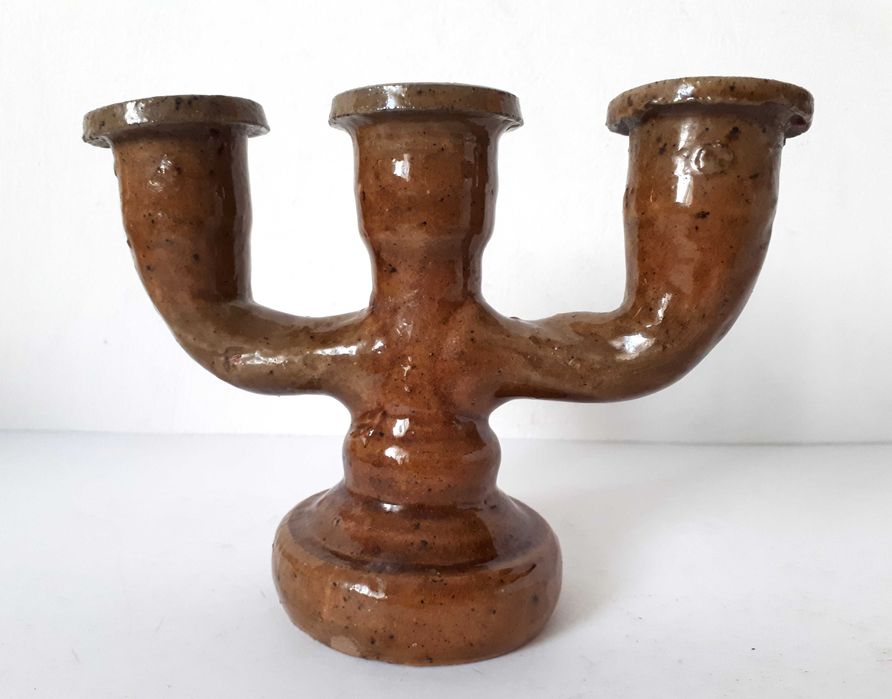 świecznik ceramiczny Iłża Chałupnik Cepelia trójramienny vintage