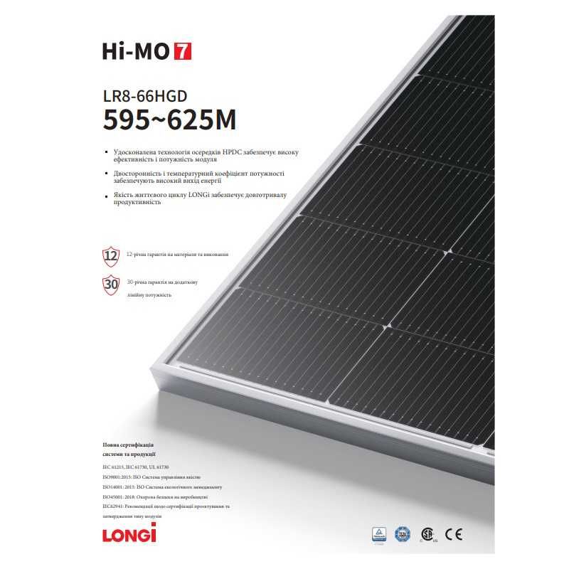 Солнечные панели Longi LR8-66НGD-615M Bifacial N-type 40В 16А 615Вт