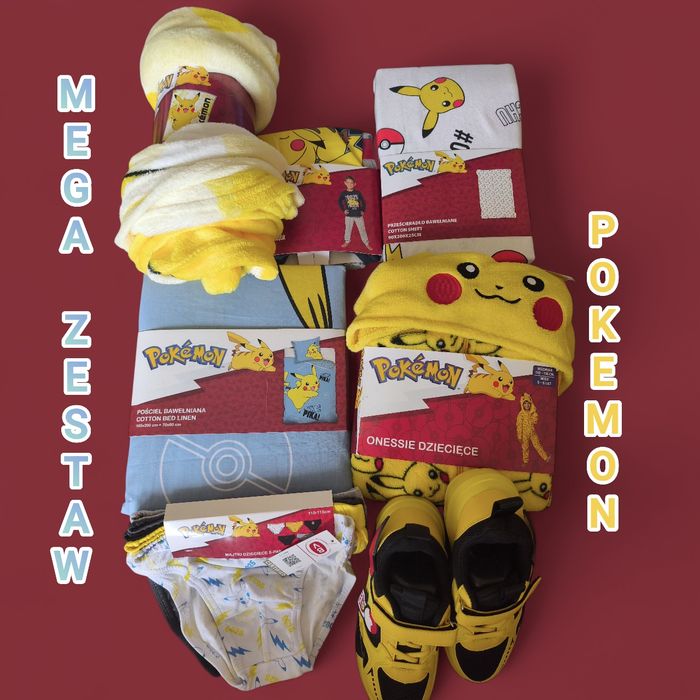 Mega zestaw Pokemon: majtki, onessie pościel prześcieradło koc buty pi