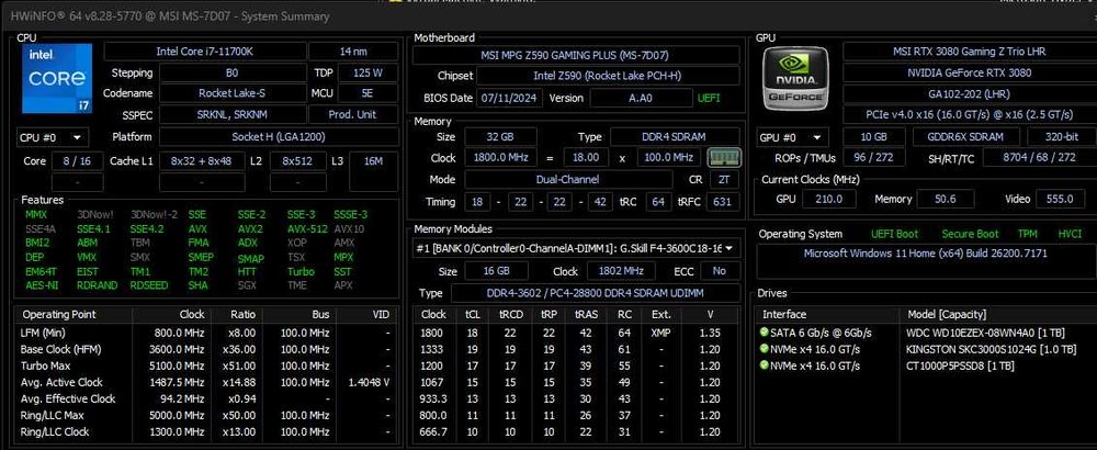 Komputer i7-11700K/Z590/MSI RTX 3080/32GB RAM/2x1TB NVMe/AIO 360