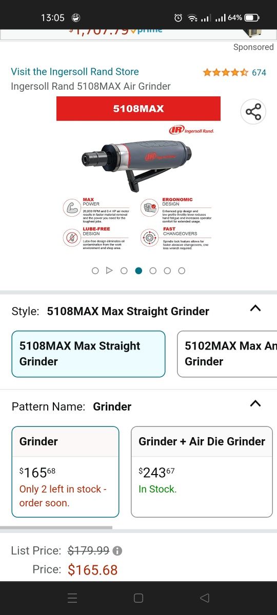 Прямая шлифмашина фирмы IR air tool 5108MAX-M