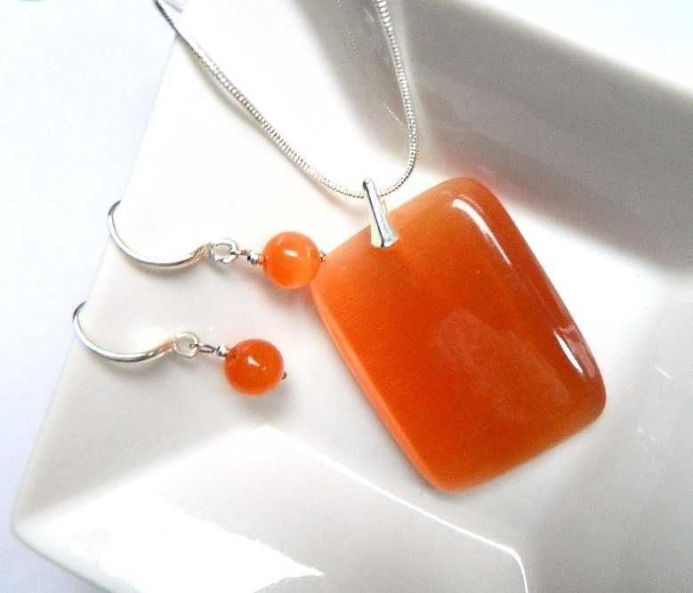 Pomarańczowy kwarc kocie oko, wisior i kolczyki, srebro