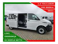 Volkswagen Transporter L2H1 *84999zł NETTO* 2.0TDi/140KM  Klimatyzacja, Tempomat, Czujniki 2x Drzwi suwane, 3 miejsca siedzące,
