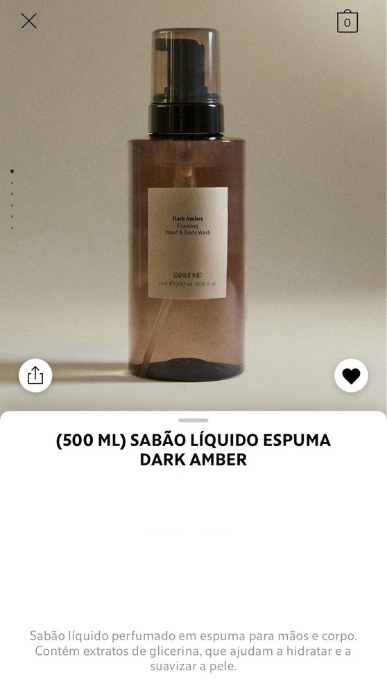 (500 ML) Sabão Líquido Espuma DARK AMBER Zara Home NOVO