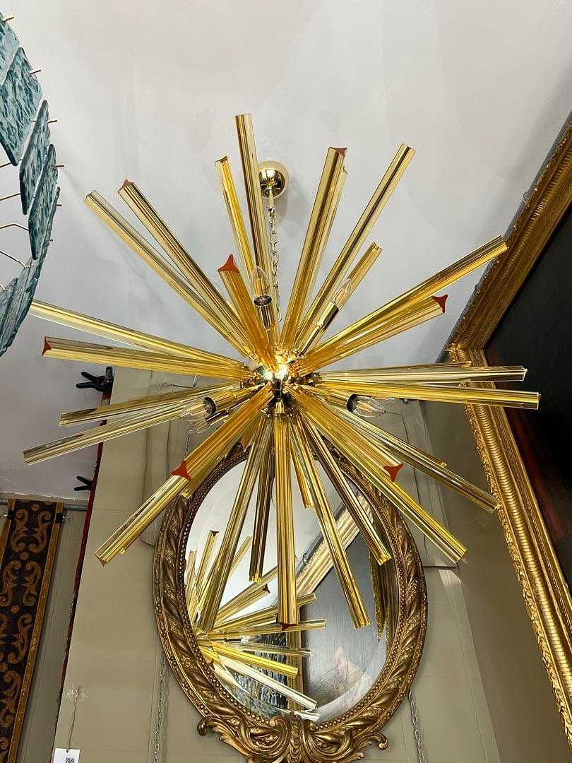 Lustre Sputnik 9 Lumes, 31 Barras Vidro Amarelo Estrutura Metal SÉC.XX