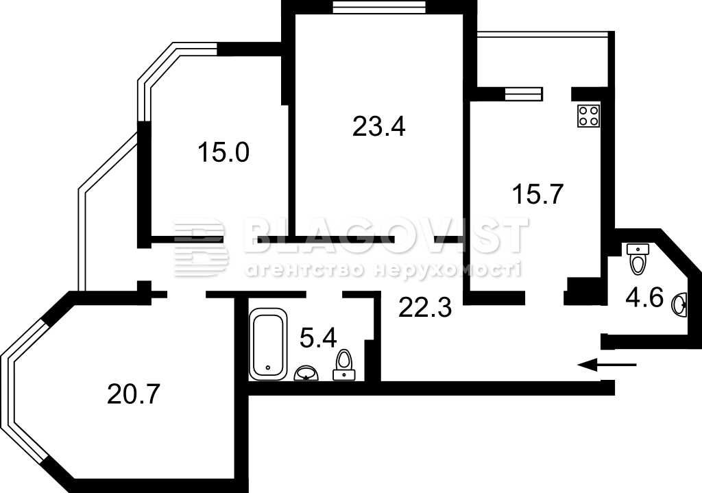 Продаж 3кім. квартири 112м2 ЖК "Паркова Вежа", 3 поверх, ремонт