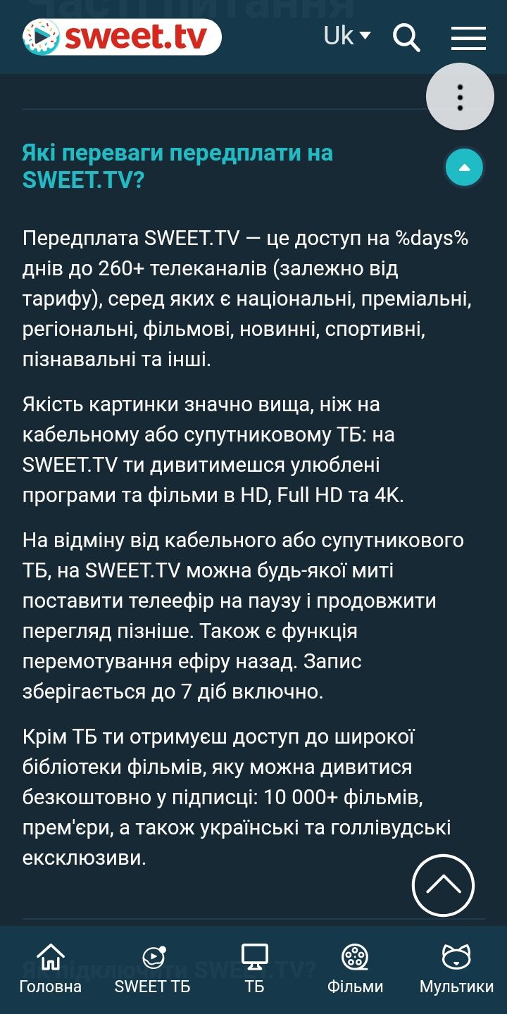 Sweet tv свит світ Тб 1 месяц тариф М телевидение сериалы