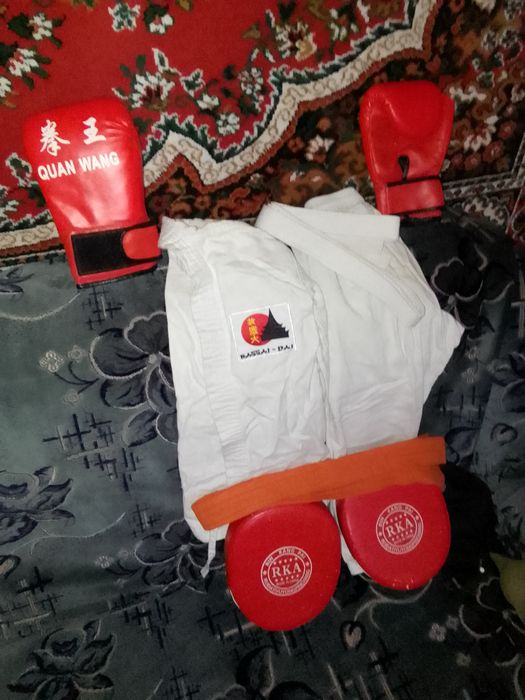 Перчатки, лапы, кимоно для занятий в секции каратэ. Комплект .