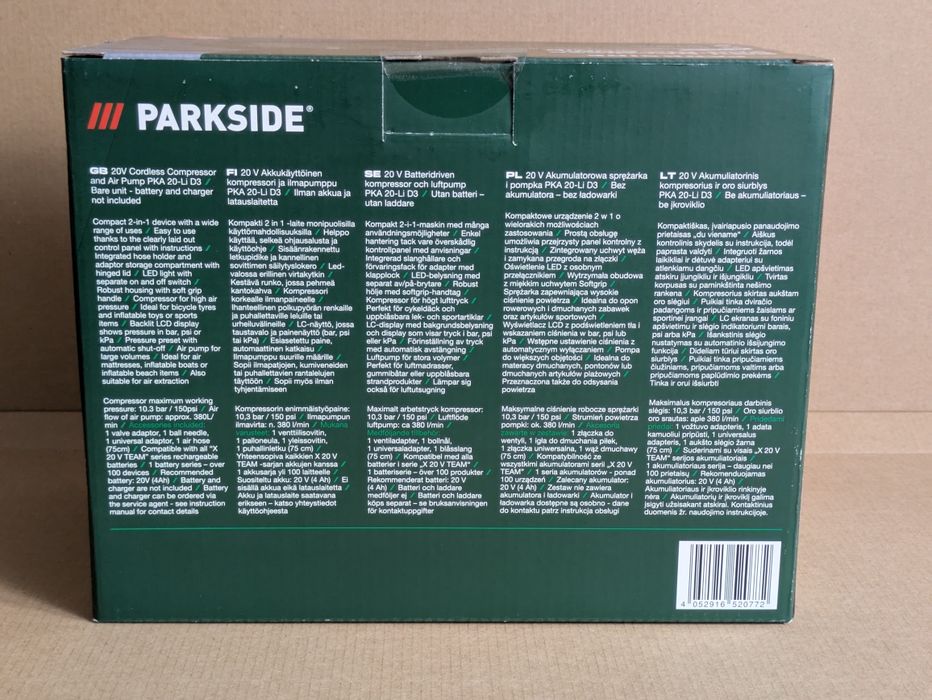 Parkside akumulatorowa sprężarka i pompka, 20V, PKA 20-Li D3