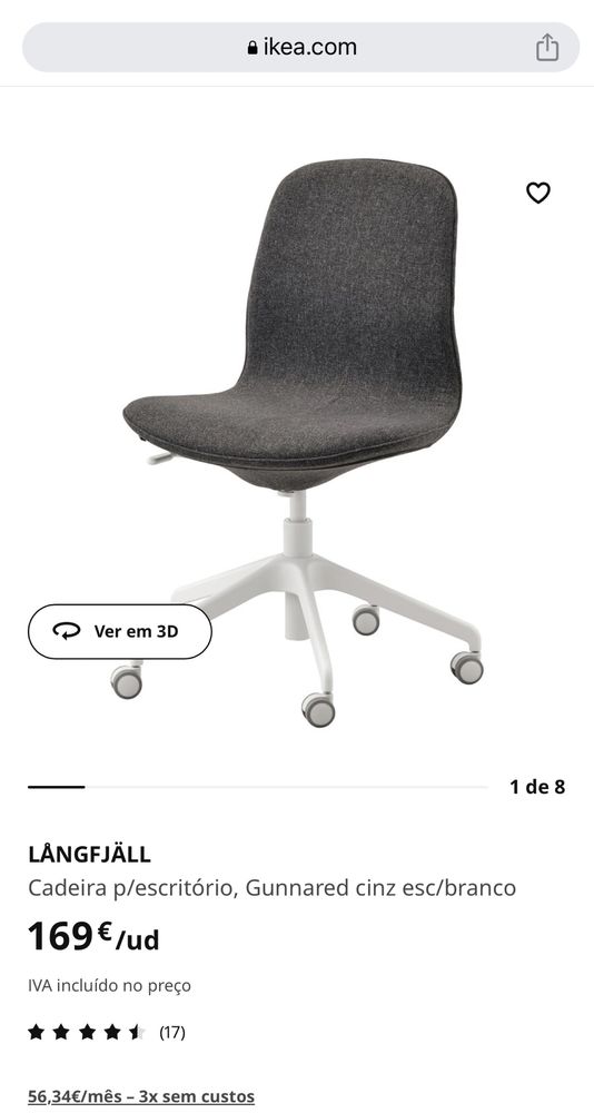 Cadeira para secretária Ikea cinzenta