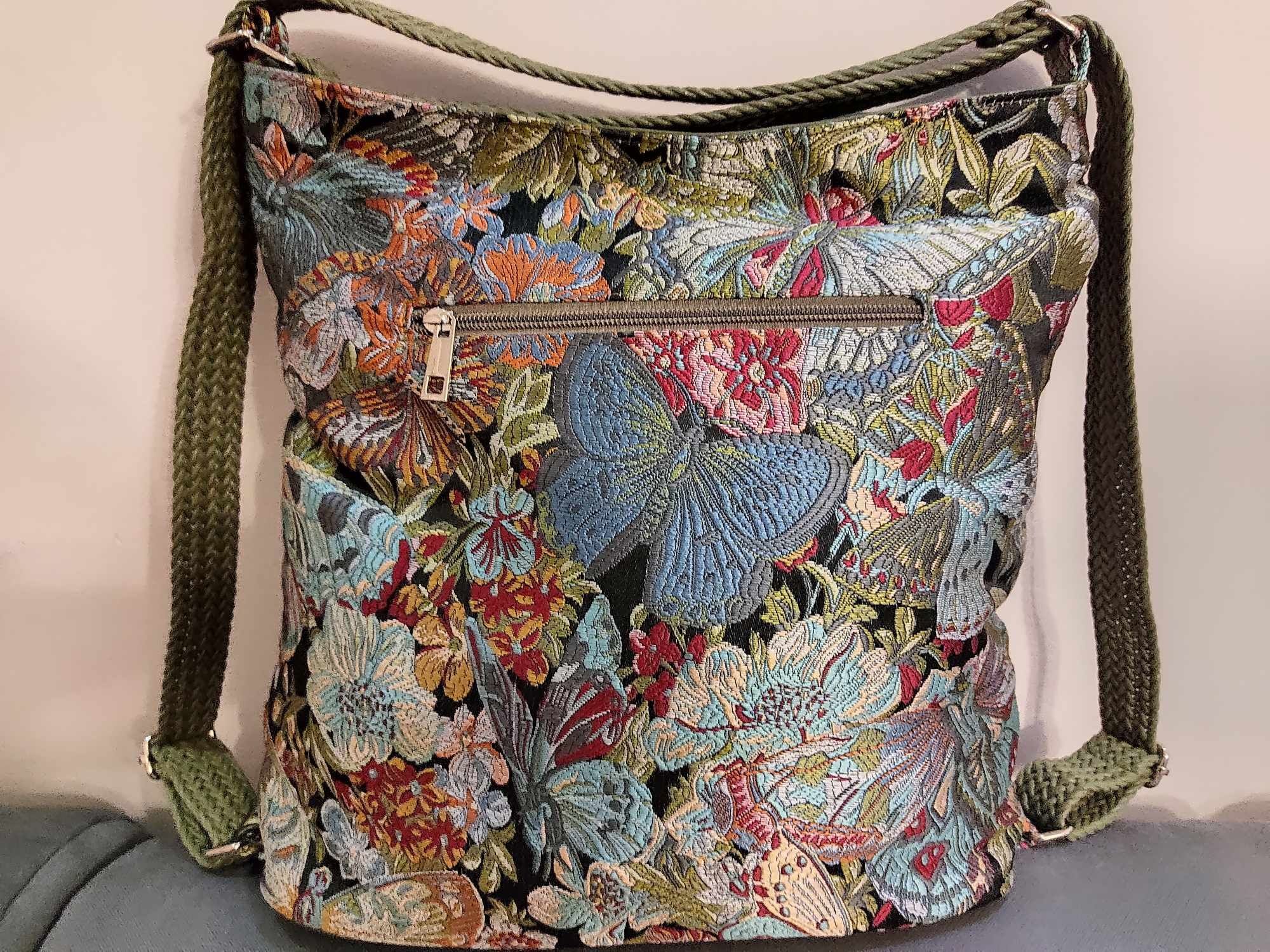 Torebko-plecak motyle dodatki oliwkowe ekoskóra handmade