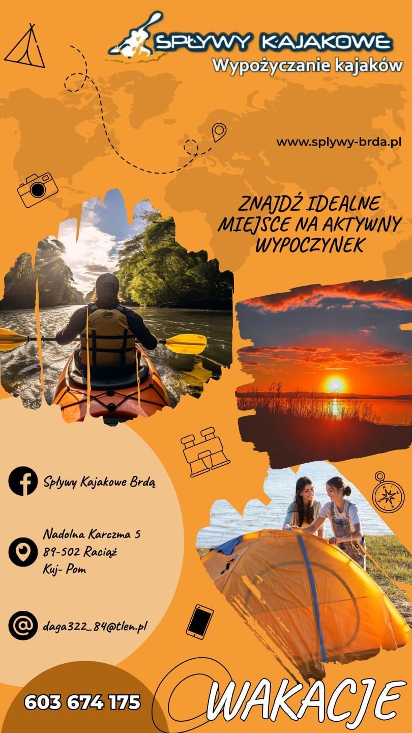 Wypożyczalnia kajaków, spływy kajakowe Brdą, Tuchola,  Pole namiotowe
