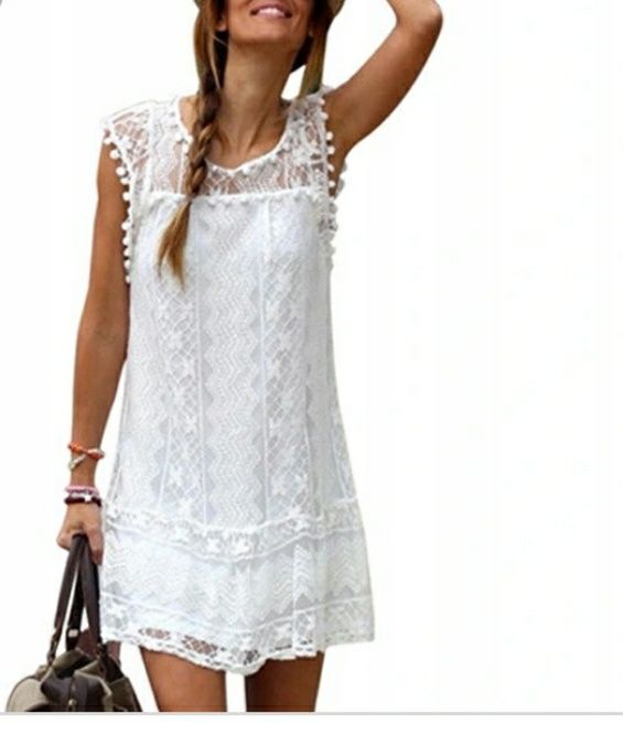 Biała koronkowa sukienka Boho koronka S/M 36/38 koronka narzutka