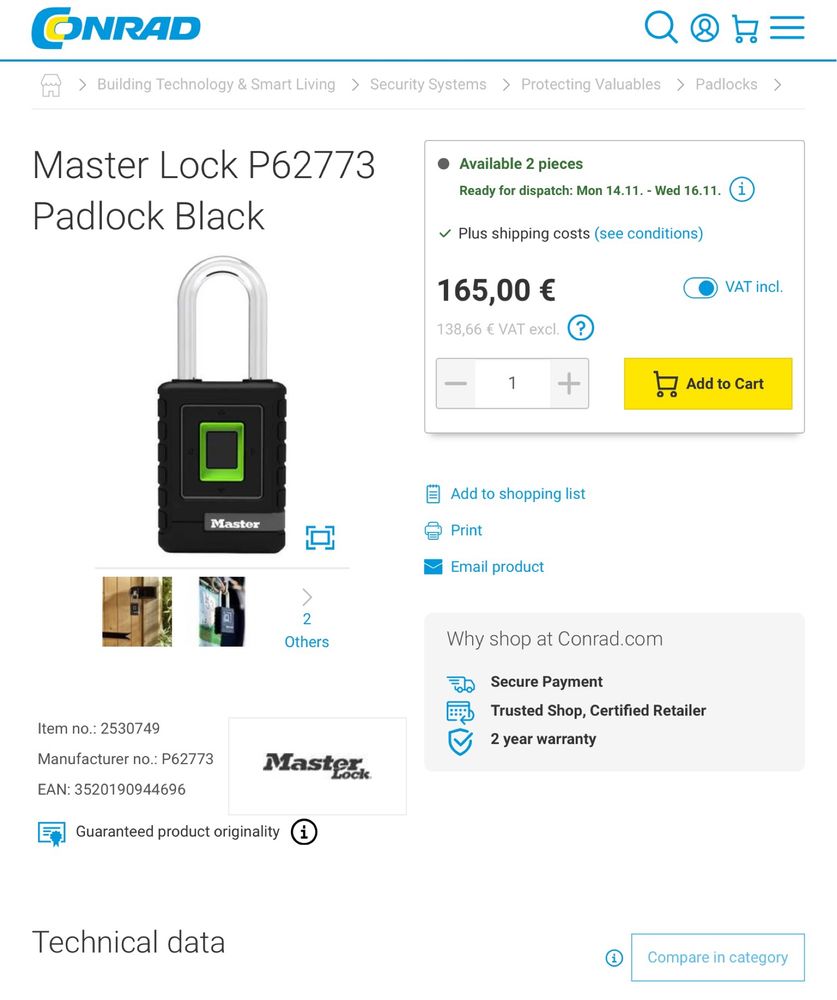 Cadeado abertura impressao digital Masterlock grande - novo