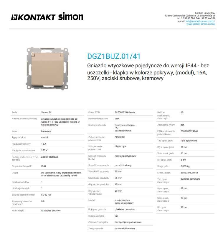 Simon 54 DGZ1BUZ.01/41 Gniazdo wtyczkowe pojedyncze do wersji IP44