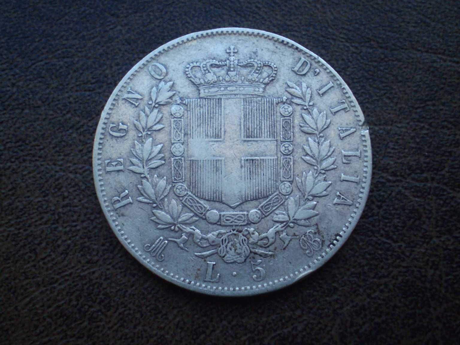 Серебро 5 лир 1874-го года королевство Италия