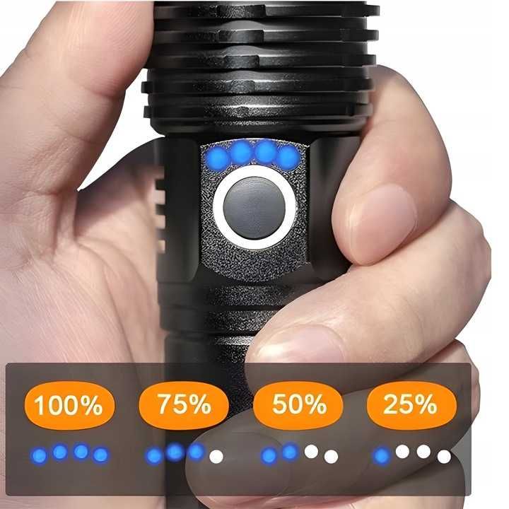 Zestaw Latarka Akumulatorowa LED Zoom Wojskowa Wodoodporna USB