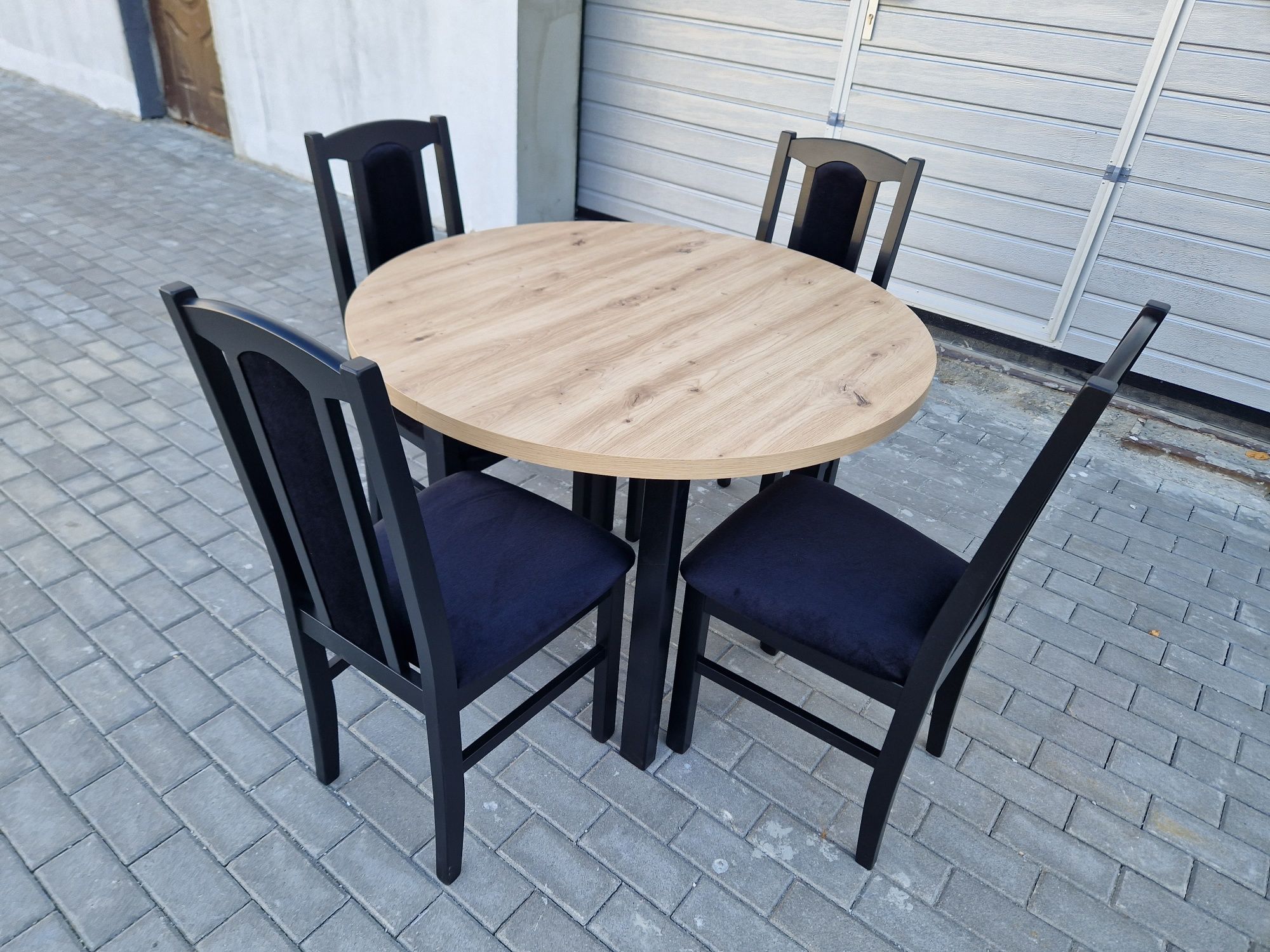 Nowe: Stół okrągły + 4 krzesła, czarny/artisan + czarny , transPL