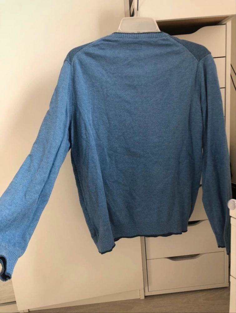 Sweter męski M niebieski jodełka v neck Szczygieł elegancki casual