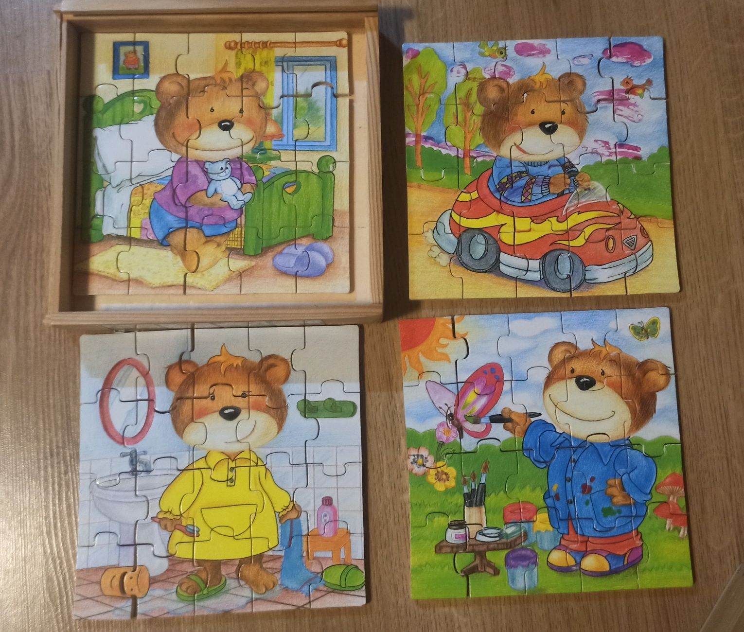 8x drewniane puzzle układanka Miś i Złotowłosa 8 obrazków