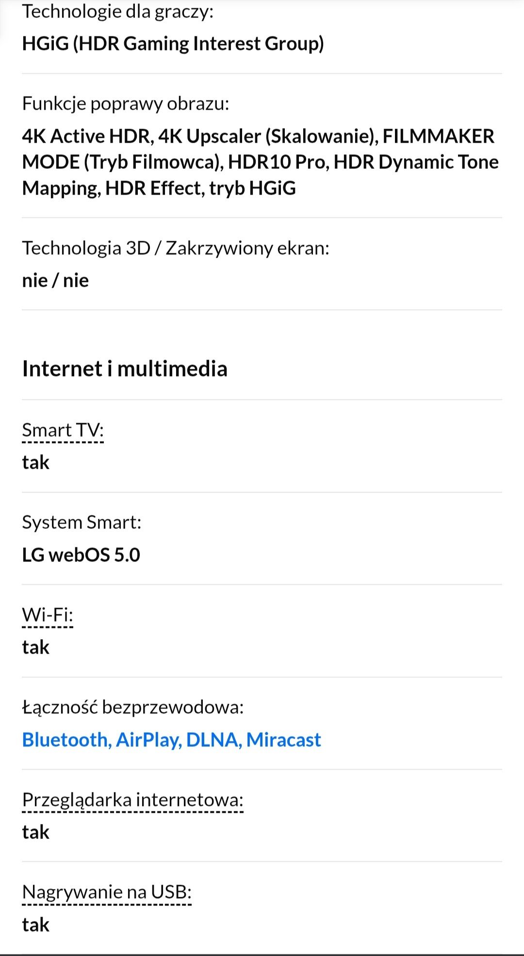 LG 50cali 4K UHD DVB-T2 SMART telewizor